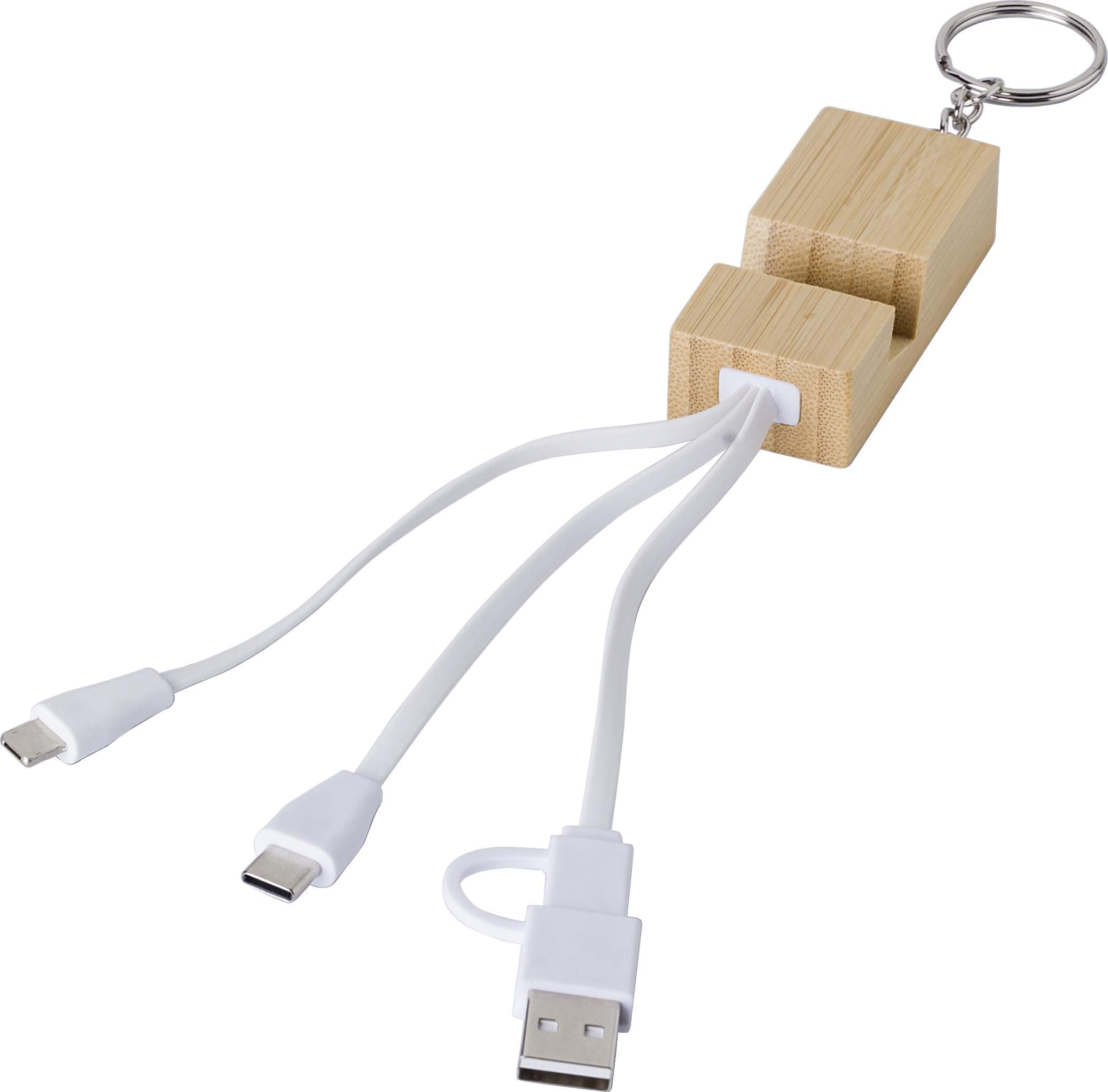 Vue 3 de Porte-clés avec câbles de charge Sutton | Bambou | Support pour téléphone