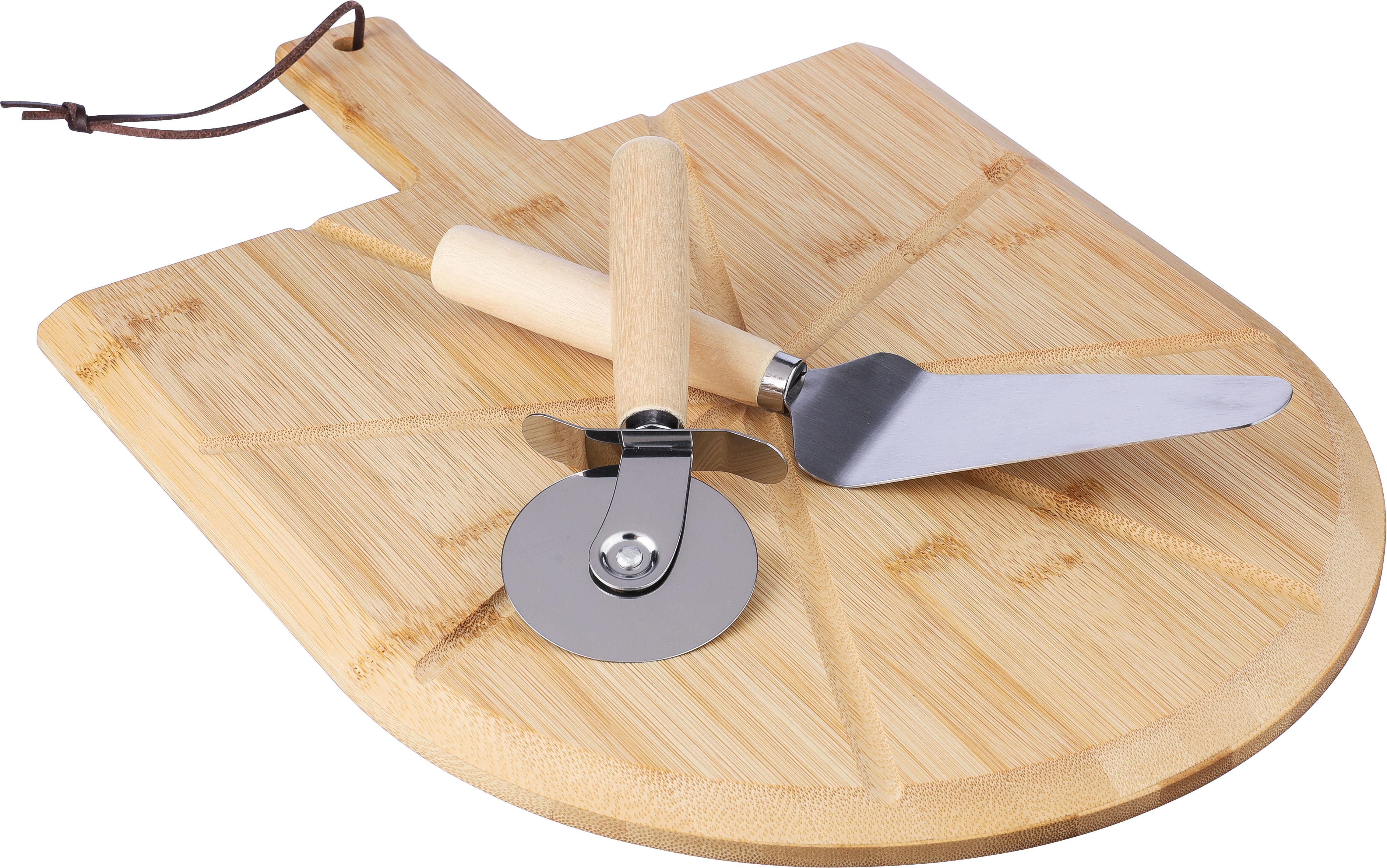 Vue 2 de Planche à pizza Vale | Bambou | Avec coupe-pizza et spatule