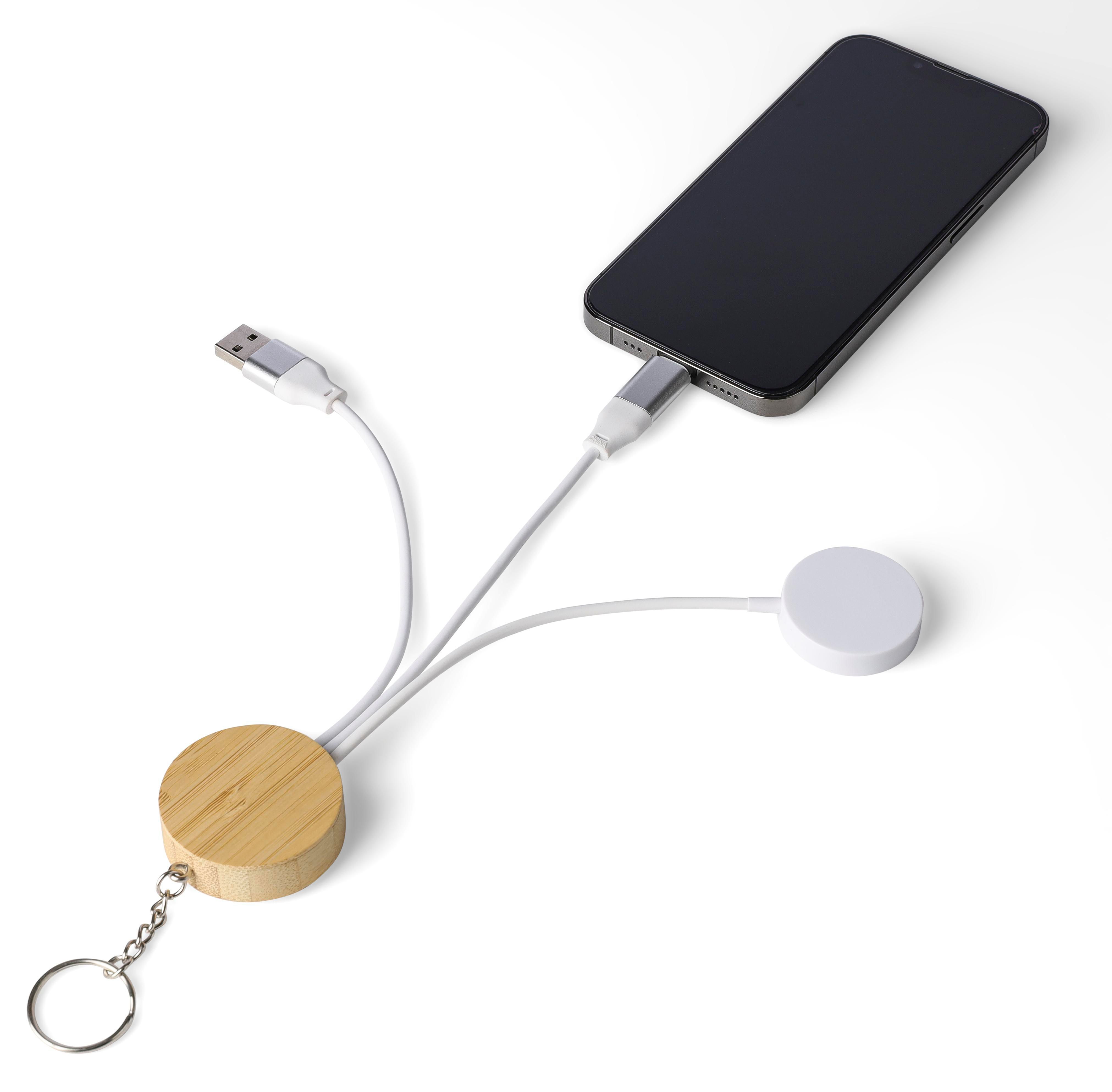 Vue 3 de Porte-clés avec câbles de charge Mei | Bambou | Avec chargeur de montre connectée