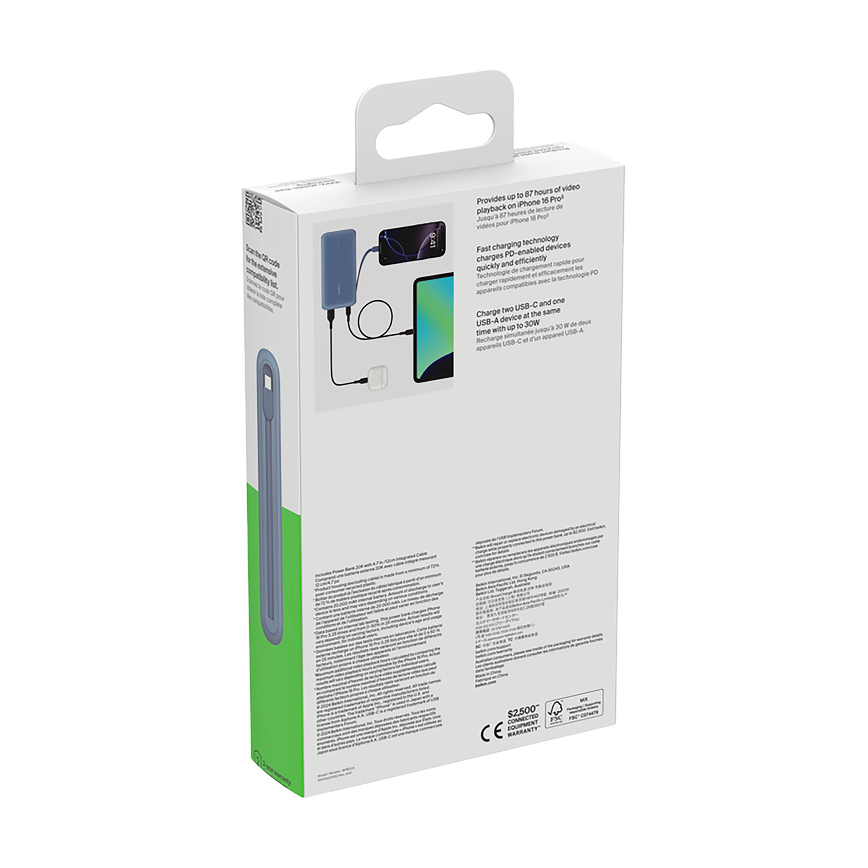 Vue 8 de Belkin BoostCharge Power Bank 20K Câble intégré