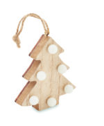 Sapin décoré en bois (80% de peuplier et 20% de bois de rose) avec 6 lumières LED et cordon de suspension. 1 pile CR2032 incluse.  Le bois est un produit naturel, et présente de légères variations de couleur, de décoration et de tailles.