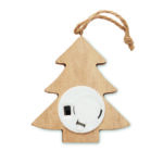 Sapin décoré en bois (80% de peuplier et 20% de bois de rose) avec 6 lumières LED et cordon de suspension. 1 pile CR2032 incluse.  Le bois est un produit naturel, et présente de légères variations de couleur, de décoration et de tailles. – Image 2