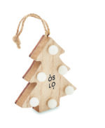 Sapin décoré en bois (80% de peuplier et 20% de bois de rose) avec 6 lumières LED et cordon de suspension. 1 pile CR2032 incluse.  Le bois est un produit naturel, et présente de légères variations de couleur, de décoration et de tailles. – Image 4
