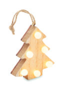 Sapin décoré en bois (80% de peuplier et 20% de bois de rose) avec 6 lumières LED et cordon de suspension. 1 pile CR2032 incluse.  Le bois est un produit naturel, et présente de légères variations de couleur, de décoration et de tailles. – Image 3