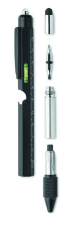 Stylo multifonctions en acier inoxydable incluant : niveau à bulle, règle, stylet, tournevis cruciforme et à tête plate,  lampe LED. 3 piles AG incluses. Encre bleue.