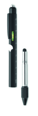 Stylo multifonctions en acier inoxydable incluant : niveau à bulle, règle, stylet, tournevis cruciforme et à tête plate,  lampe LED. 3 piles AG incluses. Encre bleue. – Image 3