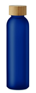 Bouteille en verre avec finition givrée et couvercle en bambou. Anti fuite. Capacité : 500 ml. Le bambou est un produit naturel, et présente de légères variations de couleur, de décoration et de tailles.