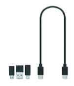 Câble de chargement 3 en 1 avec différents connecteurs. Présenté dans une boîte en bois d'acacia. Câble Type-C vers Type C, C vers USB-A, C vers micro-B, C vers connecteurs Lightning. – Image 2