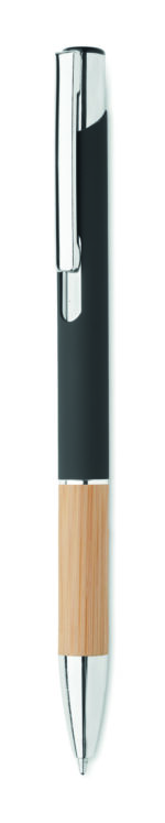 Stylo à bouton poussoir en aluminium avec prise en bambou. Encre bleue.